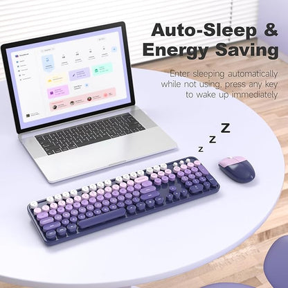 MOFII Wireless Keyboard and Mouse Combo, Full Size 2.4G Plug and Play Typewriter Retro Round Computer Keyboard and Mouse Set for Windows, Computer, Desktop, PC, Notebook - (Purple Gradient)