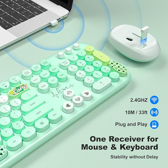 MOFII Wireless Keyboard and Mouse Combo, Full Size 2.4G Plug and Play Typewriter Retro Round Computer Keyboard and Mouse Set for Windows, Computer, Desktop, PC, Notebook - (Green Colorful)