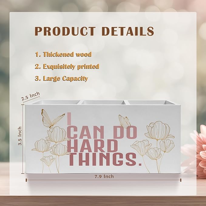 I Can Do Hard Things Pencil Pen Holder for Desk, Butterfly Floral Inspirational Wooden Pencil Holder Organizer for Home Office Desk Accessories, Encouragement Gifts for Women