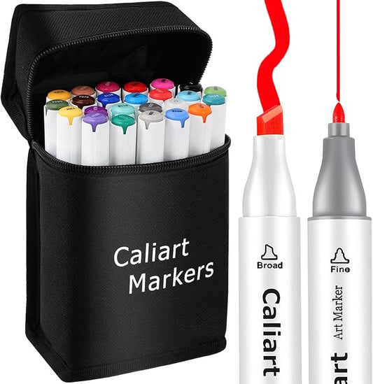 Caliart Alcohol Based Markers, 24 Colors Art Marker Set Fine & Chisel Dual Tip, Permanent Colored Pens for Adults Coloring Book Artists Illustration Sketch Lettering Drawing Cards Planner