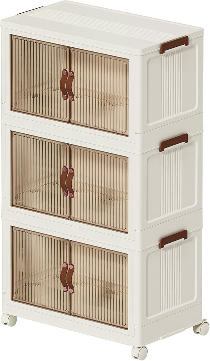 Collapsible Storage Bins with Lid and Wheels, Plastic Foldable Storage Cabinet-Stackable Closet Organizer Containers with Doors for Clothes, Home, Room, White, 3 Tiers