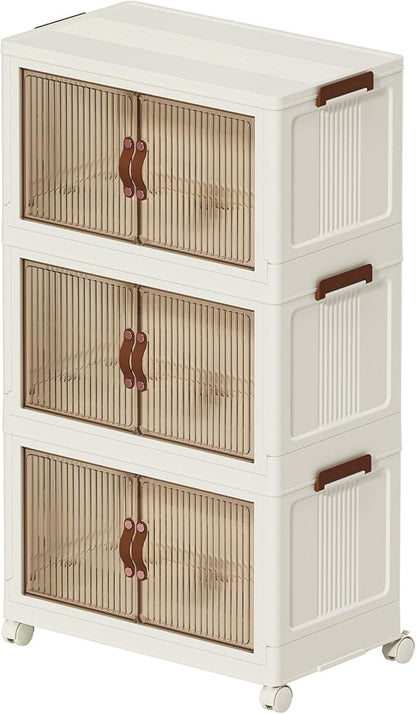 Collapsible Storage Bins with Lid and Wheels, Plastic Foldable Storage Cabinet-Stackable Closet Organizer Containers with Doors for Clothes, Home, Room, White, 3 Tiers