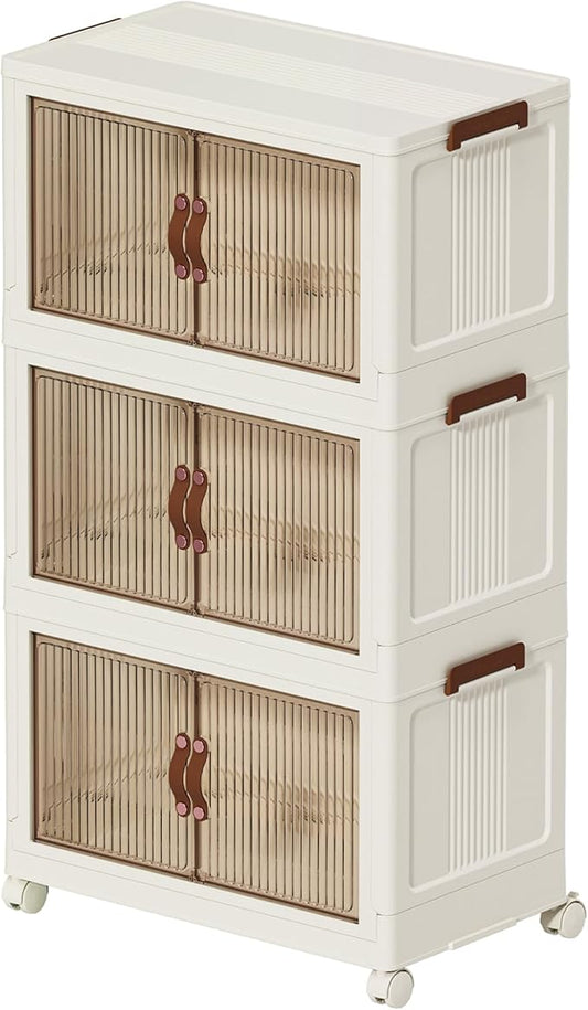 Collapsible Storage Bins with Lid and Wheels, Plastic Foldable Storage Cabinet-Stackable Closet Organizer Containers with Doors for Clothes, Home, Room, White, 3 Tiers