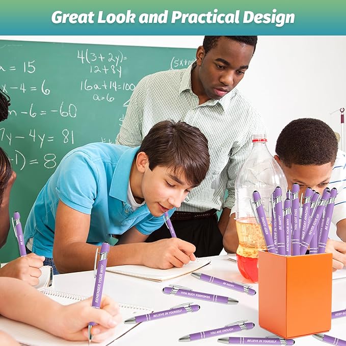 40 Piece Inspirational Pens Kit with Stylus Tip & Sayings – 20 Motivational Pen + 20 Individual Bags – Uplifting Quote & Positive Ideas – For Teachers, Office, School, Meetings, Team Events(Purple)