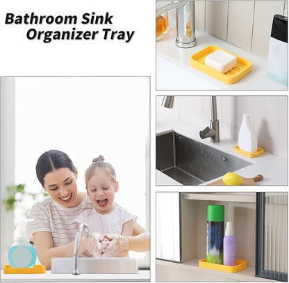 Silicone Kitchen Sink Organizer Tray for Multiple Usage,Easy Clean Sponges Holder for Kitchen Bathroom Counter or Sink,Dish Soap Dispenser,Scrubber,Bottle,Cup Yellow 4.9”x 3.2”