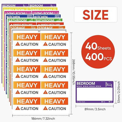 400 PCS 3.5 x 2 Inch Large Moving Labels for Boxes, 9 Color Coded Moving Stickers, Packing Boxes for Moving Supplies Labels with Writable Notes Areas Heavy Fragile Stickers