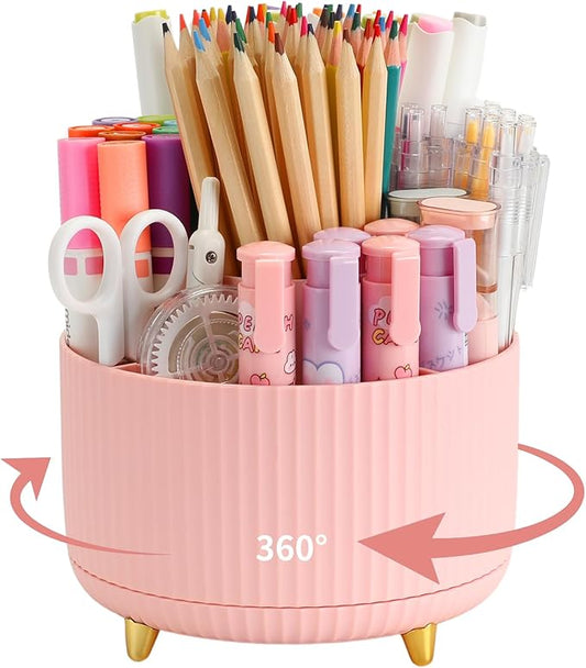 Camelmother Pen Holder For Desk With 5 Slots 360°Rotating Pencil Holder Makeup Organiezr Teacher Supplies Office decor (pink)