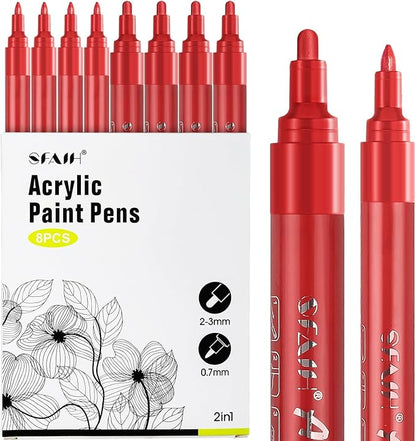 SFAIH Acrylic Red Paint Pens - 8 Pack 2-3MM Medium Tip & 0.7MM Extra Fine White Paint Marker for Rock Painting, Wood, Metal, Fabric, Canvas, Glass, Ceramic, Diy Crafts