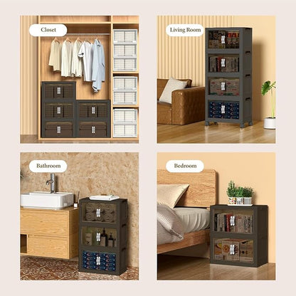 Stackable Storage Bins, Collapsible Stackable Storage Containers Bin with Doors & Wheels, Folding Plastic Closet Foldable Cabinet Storage Boxes for Home, Pantry, Office, (S, Gray 5-Tier)