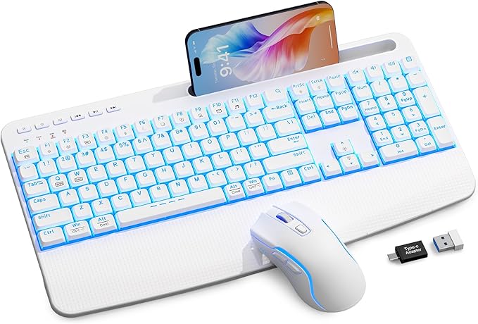 White Keyboard and Mouse Wireless Combo, 4000mAh Rechargeable Backlit Quiet Keyboards mice set, USB Ergonomic Key Board with Wrist Rest & Phone Holder for PC, Mac, Windows, Natural Soft Typing—SABLUTE