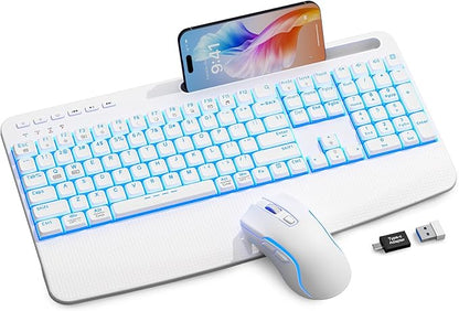 White Keyboard and Mouse Wireless Combo, 4000mAh Rechargeable Backlit Quiet Keyboards mice set, USB Ergonomic Key Board with Wrist Rest & Phone Holder for PC, Mac, Windows, Natural Soft Typing—SABLUTE