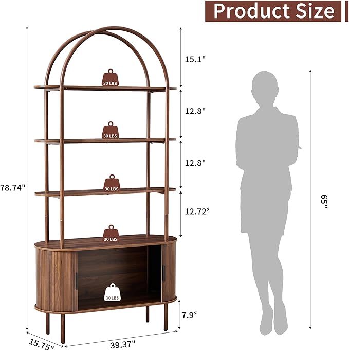 79" Tall Arched Bookshelf with Sliding Tambour Doors, Mid Century Modern Curved Bookcase Cabinet with Storage, 4-Tier Open Display Storage Shelf for Home Office,Living Room (Walnut, 79inch)