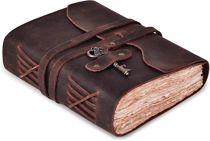 LEATHER VILLAGE Vintage Leather Journal – 200 Handmade Vintage Deckle Edge Paper – Leather bound Journal For Women Men – Vintage Key Closure - Book of Shadows - Chocolate Brown - 8X6 inches (A5)
