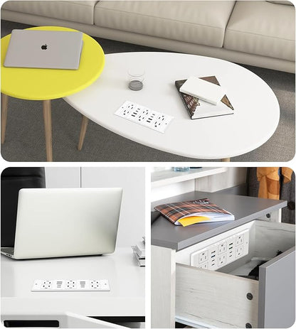 Recessed Power Strip with 45W USB C, Furniture Desk Flush Mount Outlet, Ultra Thin Flat Plug Power Strip, 6 Outlets & 8 USB Ports, 10FT Cord (White)