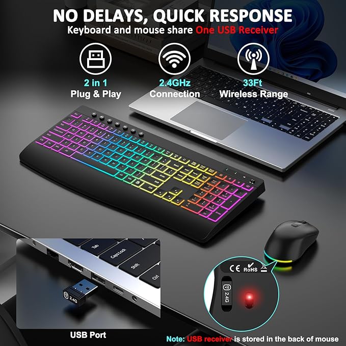 Wireless Keyboard and Mouse Combo, 9 Backlit Effects, Rechargeable 4000mAh Backlit Keyboard with Wrist Rest, 6 Button Mouse, 2.4G Full Size Quiet Keyboard Set for Computer, PC, Laptop, Mac, Windows