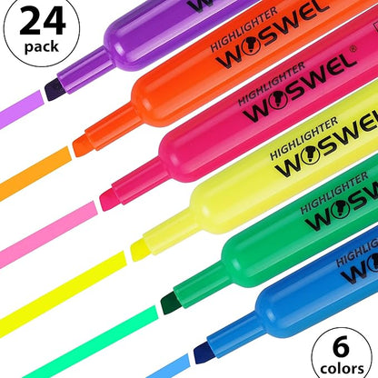 Highlighters Bulk, 24 Pack Tank Style Highlighters Assorted Fluorescent Colors Set, 6 Bright Colors Chisel Tip Highlighter Markers for Kid and Adult Coloring, Highlighting as School Supplies
