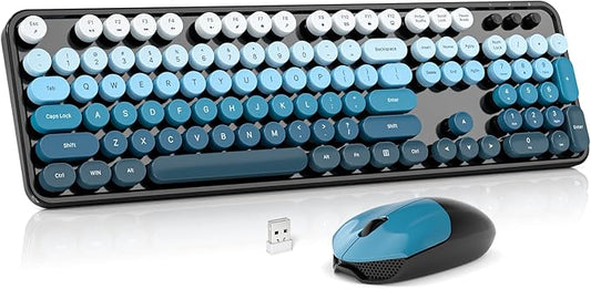 Wireless Keyboard and Mouse Combo, MOWUX Colorful Computer Full Size 2.4G Plug and Play Wireless Typewriter Keyboard and Mouse Set for Windows, Computer, Desktop, PC, Notebook (Black Blue)