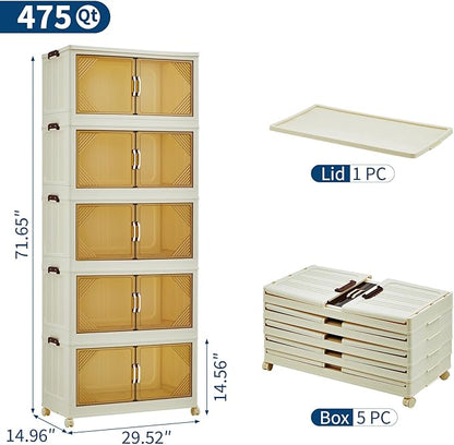 Garvee 475QT Stackable Storage Bins, Plastic Bins for Storage with Lids, Plastic Storages Drawers with Magnetic Doors & Wheels, Foldable Collapsible Closet Organizers for Home, Dorm, Office, White