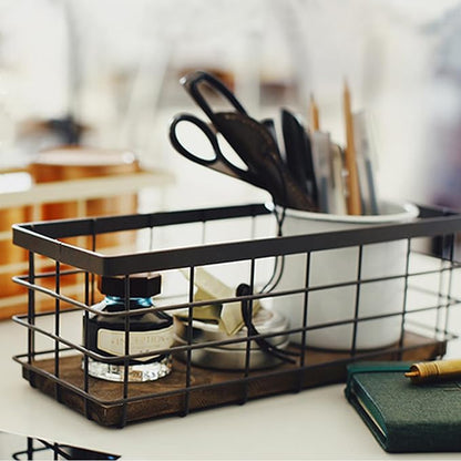 TIEYIPIN Farmhouse Small Metal Wire Storage Basket Bin, Rustic Home Storage Organizer with Wooden Bottom for Kitchen, Cabinets, Bathroom Counter, Pantry, Garage, Laundry Room - Black