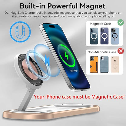 3 in 1 Fast Wireless Charger Stand for iPhone, Foldable Travel Charging Station for Magsafe for iPhone 17/Air/16/15/14/13/12 Series, Apple Watch Series, AirPods pro/2/3/4, Gifts for Women Men (Golden)