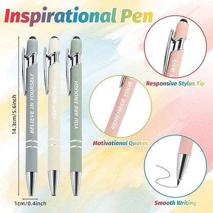 100 Pcs Inspirational Pens Kit with Stylus Tip & Sayings – 50 Motivational Pen + 50 Individual Bags – Uplifting Quote & Positive Ideas – For Teachers, Office, School, Meetings, Team Events(Foggy Hues)