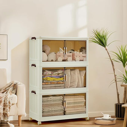 Garvee 144QT Stackable Storage Bins, Plastic Bins for Storage with Lids, Plastic Storages Drawers with Magnetic Doors & Wheels, Foldable Collapsible Closet Organizers for Home, Dorm, Office, White