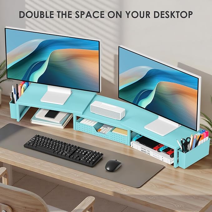 Desk Organizers and Accessories, Dual Monitor Stand Riser with Drawer and 2 Pen Holders, Desk Shelf Metal Computer Monitor Stand for Office Workspace Organizers, Desktop Organization (Blue)