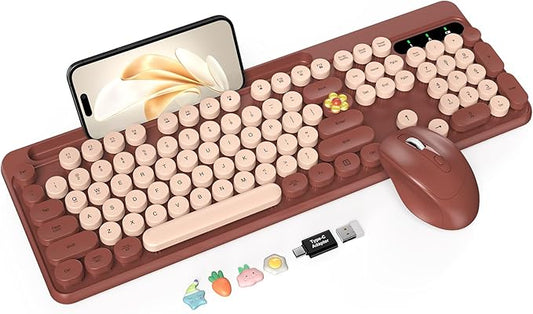 Wireless Keyboard and Mouse Combo, Retro Round Keycaps, Full-Size Cute Typewriter Keyboard with Large Phone/Tablet Holder, Auto-Sleep, 2.4GHz Cordless Connection for Windows/PC/Laptop (Wine Red)