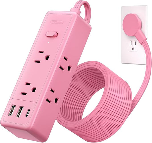 NTONPOWER Pink Extension Cord 10 ft, 1080 Joules Surge Protector Power Strip with 6 Widely Outlets 3 USB (1 USB C), Flat Plug Extension Cord Power Strip Long Cord for Home Office Dorm Room Essentials