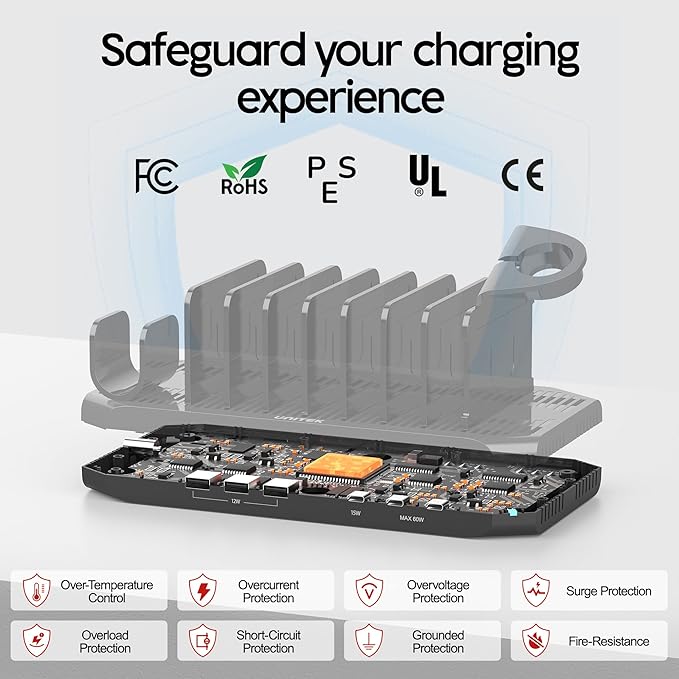 Unitek USB C Charging Station for Multiple Devices Apple - 6 Port MacBook Laptop Charging Dock with Type-C PD 60W Fireproof Fast Charging Stand with Smartwatch & Airpods Holder for iPhone iPad Tablet
