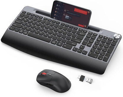 Ergonomic Wireless Keyboard and Mouse with Wrist Rest，Phone Holder - 2.4GHz Full-Sized Low-Profile Quiet Wireless Mouse and Keyboard Combo for Computer, Laptop, PC, Mac-Grey