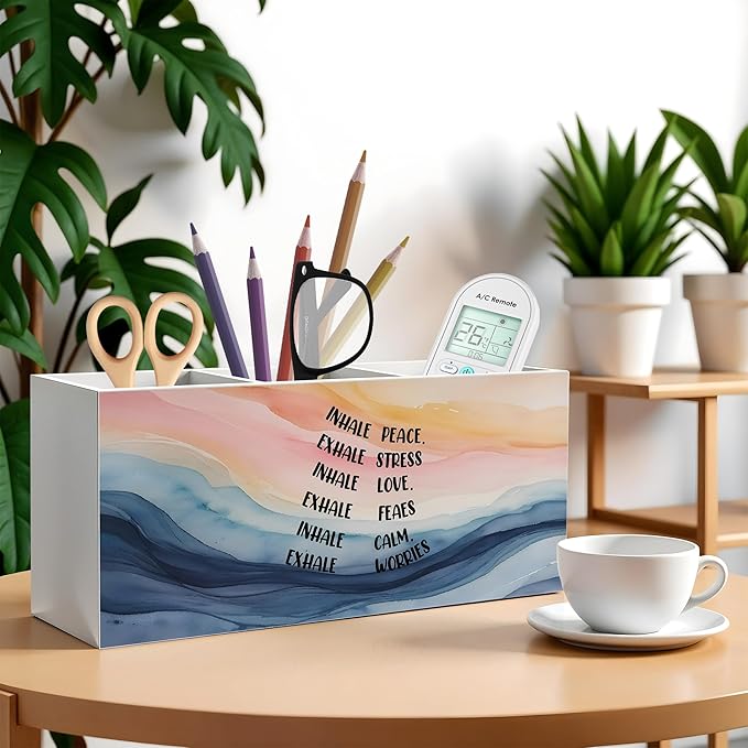 Abstract Mental Health Pencil Pen Holder for Desk, Inhale Peace Exhale Stress Wooden Pencil Holder Organizer for Therapy Office Desk Accessories, School Counselor Office Must Haves