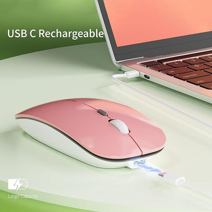 Uciefy Q5 Slim Rechargeable Wireless Mouse, 2.4G Portable Optical Silent Ultra Thin Wireless Computer Mouse with USB Receiver and Type C Adapter, Compatible with PC, Laptop, Desktop (Pink)