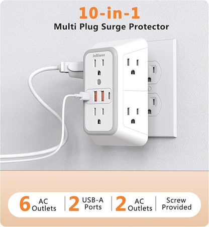 USB Wall Charger Power Strip Surge Protector with 4 USB Ports (2 USB C) Plug Extension Multiple Outlets Plug Extension Multi Outlet Plug in Adapter Spaced Outlets for Home Office Travel,White (White)