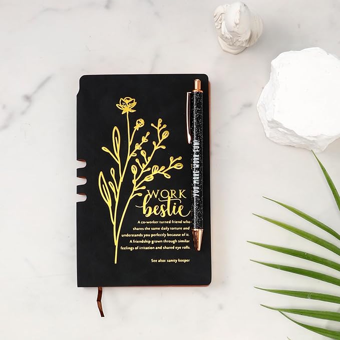 5 Pcs Work Besties Gifts for Women Set Leather Journal Ballpoint Pens with Box Thank You Appreciation Gift for Thanksgiving Christmas Birthday Work Bestie Gifts Coworker Friend (Black)