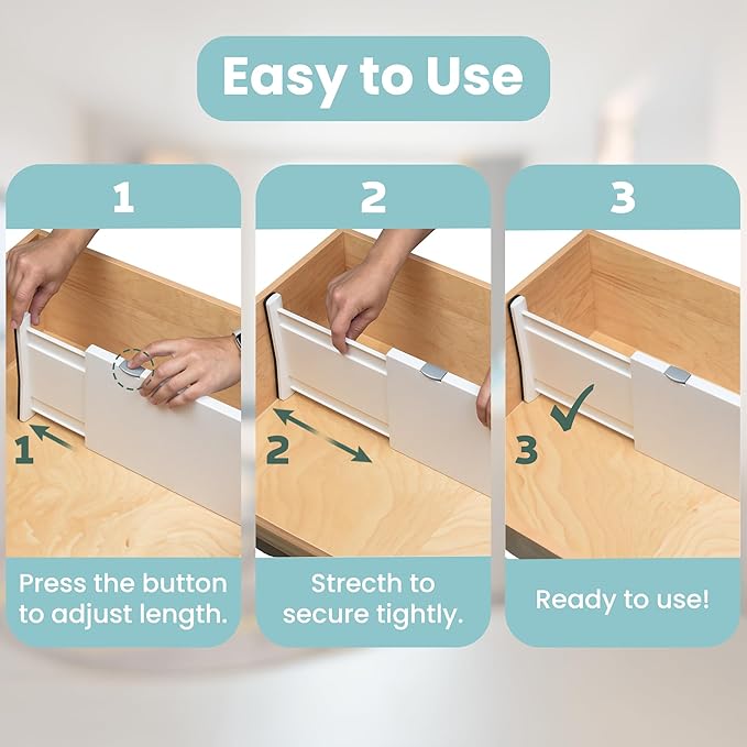 RAPTUROUS Adjustable Drawer Dividers, 8" Tall, Expandable 13.35-22", 4-Pack, Non-Slip for Deep Drawers in Kitchen, Bedroom, and Closet (White)