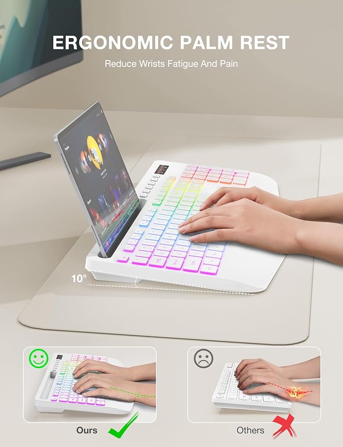 Wireless Keyboard with 9 Effects Backlits, Wrist Rest, Phone Holder, Rechargeable Ergonomic Computer Keyboard with Silent Keys, 2.4G Lag-Free Cordless Set for PC, Laptop, Windows, Mac (Keyboard Only)