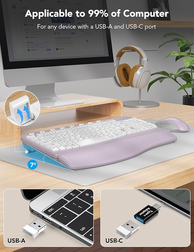SABLUTE Wireless Keyboard and Mouse Combo, Ergonomic Wave Key, Cushioned Plam Rest, Comfortable Silent Natural Typing, 2.4G Lag-Free, Full Size Keyboards Cordless Set for Multi-OS, Windows/Mac, Purple