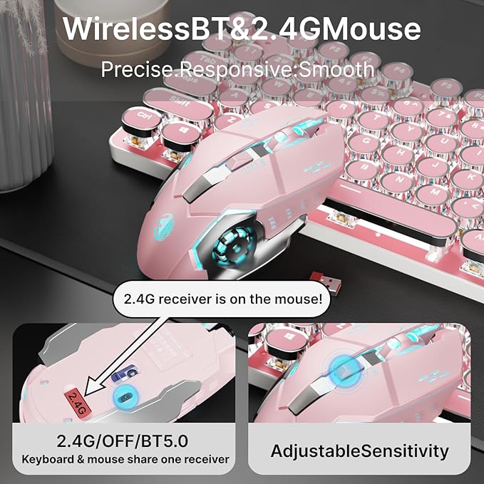 TK950 Wireless Typewriter Keyboard and Mouse Combo, 104 Keys Retro Typewriter Mechanical Keyboard with White Backlit, Anti-Ghosting, Blue Switch, Bluetooth/2.4G/Wired Cute Gaming Keyboards-Pink