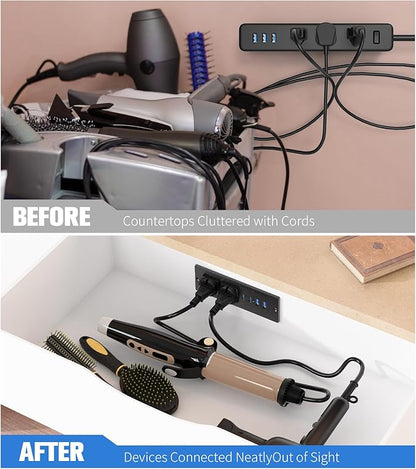 65W Furniture Drawer Outlet, Recessed Outlet with 4 USB Ports & 2 AC Outlets, Recessed Power Strip for Home, Office, 14 AWG-6FT Spring Cord(Black)