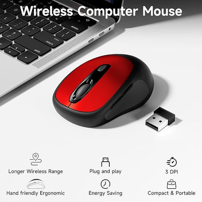 memzuoix Wireless Mouse, 2.4GHz Nano Receiver, 3 DPI Levels (800/1200/1600), 6 Buttons, Compatible with PC/Mac/Laptop - Red