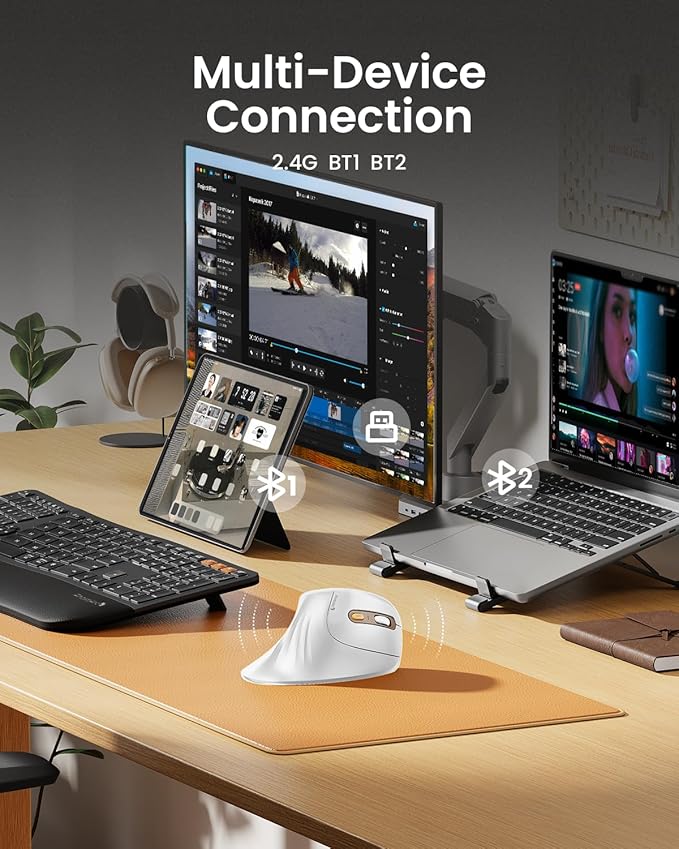 ProtoArc Ergonomic Mouse, EM11 NL Bluetooth Rechargeable Wireless Vertical Mouse, 3 Multi-Device Connectivity for Computer/PC/Laptop, 2.4GHz Optical Mice for Windows, Mac OS, White Gold