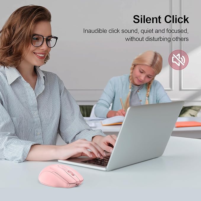 TECKNET Wireless Mouse (BT5.0/3.0 & 2.4G) Rechargeable 4800 DPI Silent USB A & Bluetooth Mouse 6 Buttons, Wide Compatibility - Pink