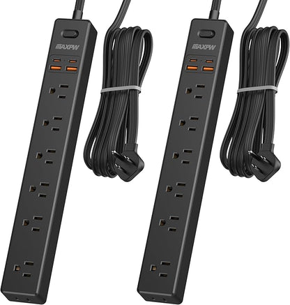 2 Pack Power Strip Surge Protector - 7 Outlets 4 USB Ports (2 USB C), Maxpw 10 Ft Ultra Thin Flat Plug Extension Cord, 1875W/15A, 1700 Joules, Wall Mount for Home Office Dorm, Black