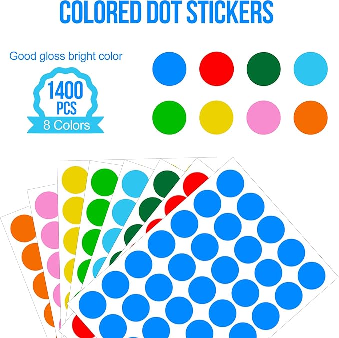 1400 PCS,1IN Round Colored Dot Stickers Labels - 8 Assorted Colors, for Office, School, Moving, Home