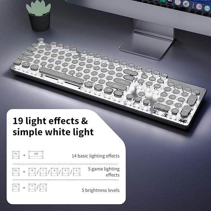 EWEADN TK950 Typewriter Keyboard Wireless Mechanical Keyboard, 104 Keys Aesthetic Typewriter Keyboards with White Backlit, Anti-Ghosting, Blue Switch Bluetooth/2.4GHz/Wired Keyboards-White