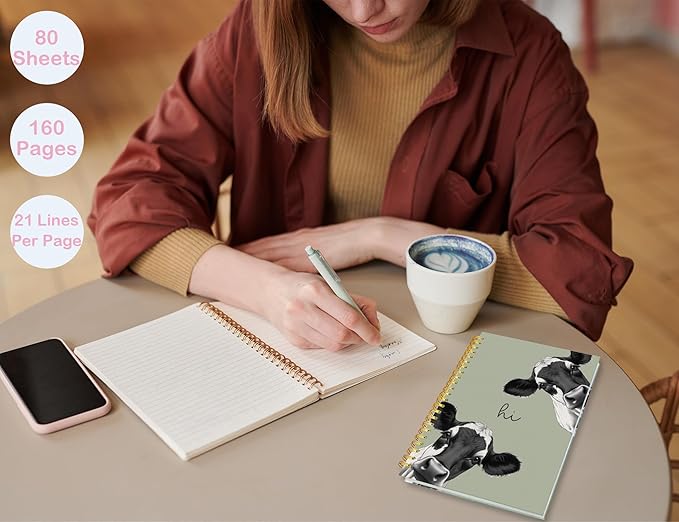 Cow Notebook Journal,Green Cute Animal Notebook Journal for School Women Teen Girls Kids,Gifts for Cow Lovers,Hardcover Spiral Notebooks for Work Notes Journaling,5.5x8.3 Inch