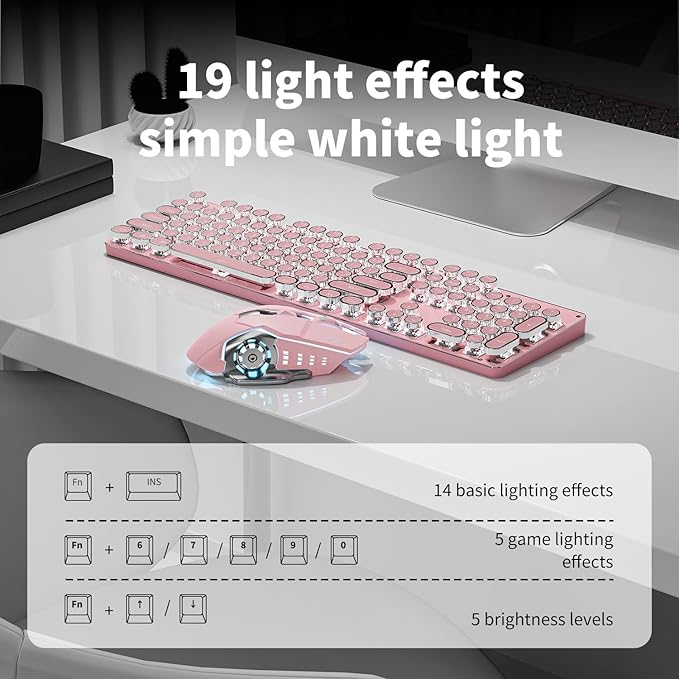 TK950 Wireless Typewriter Keyboard and Mouse Combo, 104 Keys Retro Typewriter Mechanical Keyboard with White Backlit, Anti-Ghosting, Blue Switch, Bluetooth/2.4G/Wired Cute Gaming Keyboards-Pink