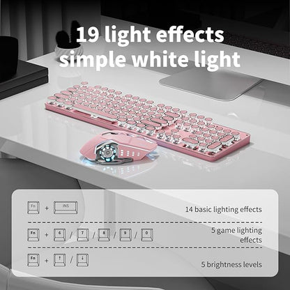 TK950 Wireless Typewriter Keyboard and Mouse Combo, 104 Keys Retro Typewriter Mechanical Keyboard with White Backlit, Anti-Ghosting, Blue Switch, Bluetooth/2.4G/Wired Cute Gaming Keyboards-Pink