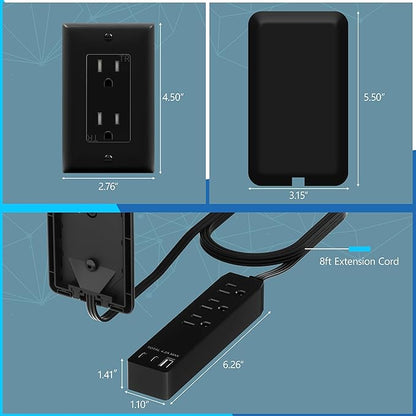LIDER Outlet Extender with 3 Receptacles, 21W USB Type-A, and 2 USB Type-C, Ultra-Thin Wall Plate Plug with Cord Extender, 3-Outlet Power Strip, Flat-Face, Slim Design, ETL-Listed, 3ft Cord, Black